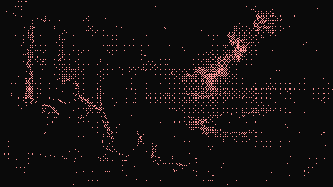 A dithered painting of a philosopher in a laurel wreath resting on temple steps at dusk, looking out over a bay towards a distant city