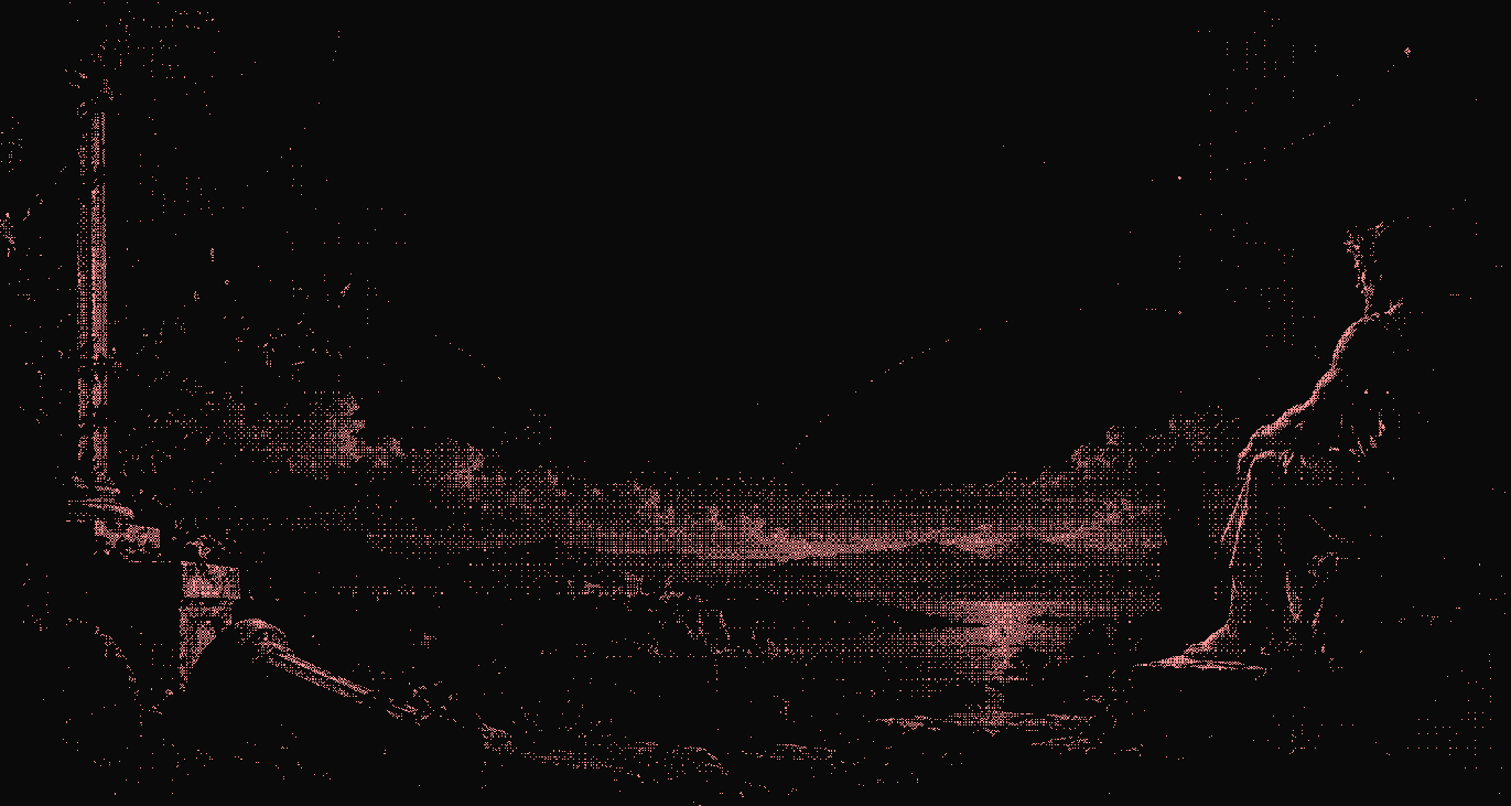 A dithered painting of a seated figure in a laurel wreath looking out from a ruined terrace over a bay at dusk